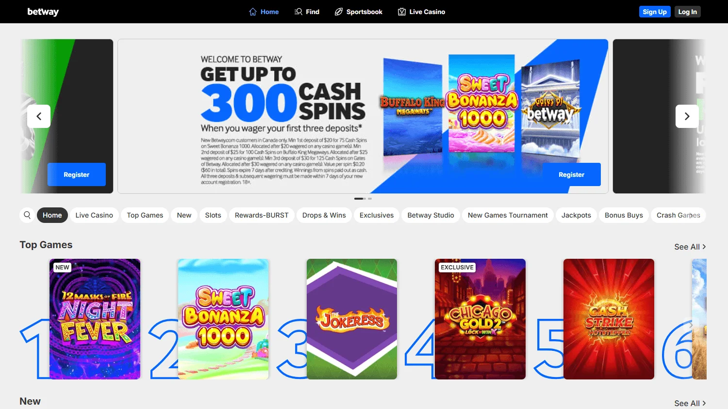 Betway Casino desktop casino selection with slots, table games and live casino options
