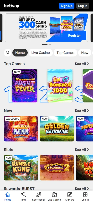 Betway Casino mobile game selection with slots, table games and live casino streams